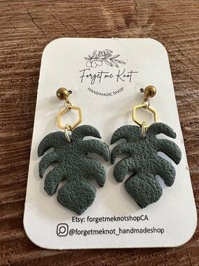 Olive Green Monstera Leaf Earrings with Gold Accents